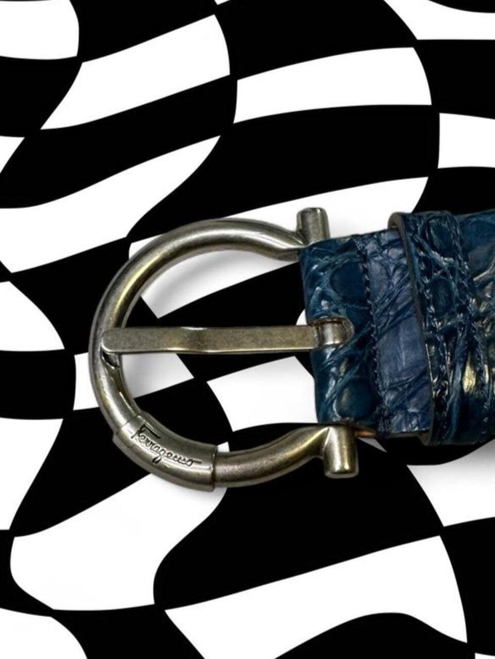 Vintage Salvatore Ferragamo blue crocodile leather belt with silver buckle